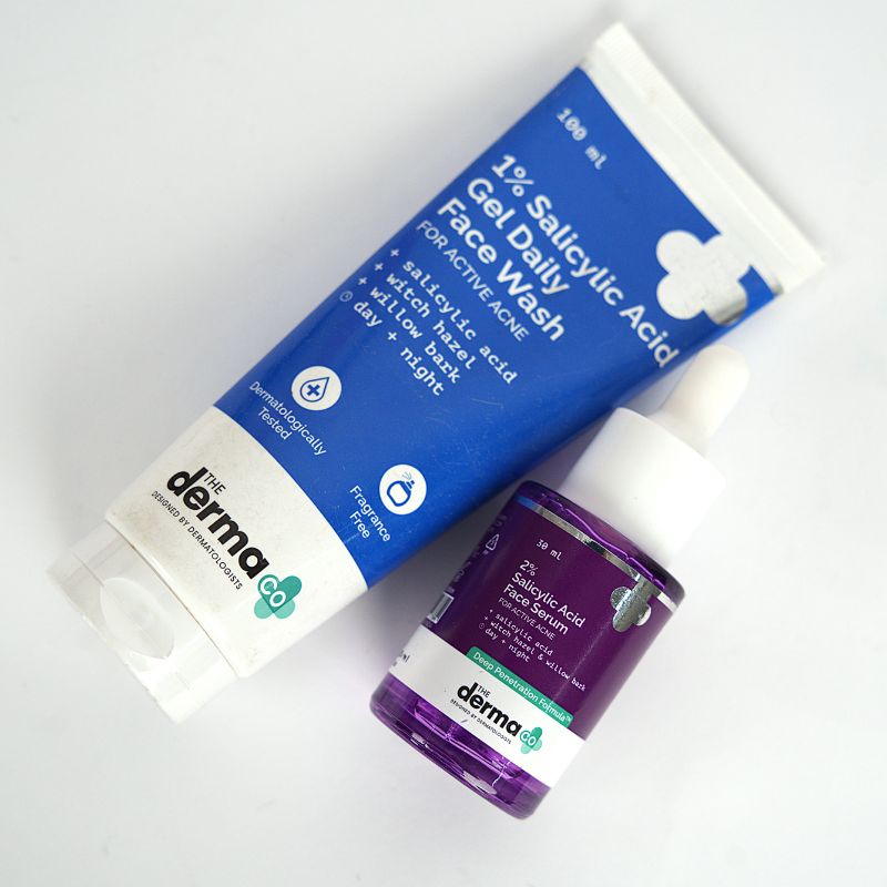 Complete acne skincare routine using salicylic acid face wash and serum